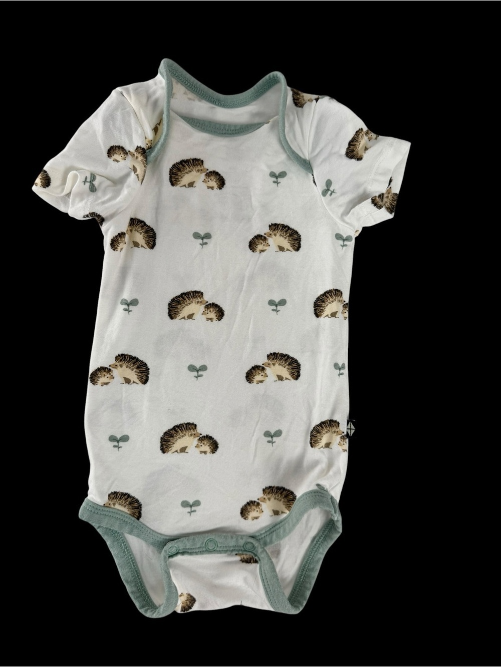 Kyle Hedgehog Print Baby Onesie in Sage Trim